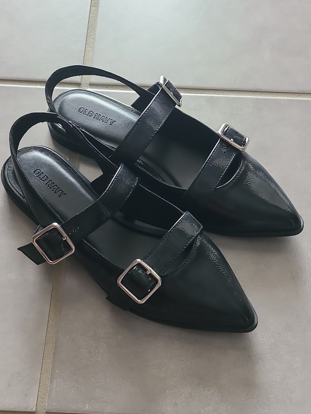 Old Navy Black Pointed Buckle Slingback Flats with Double Straps